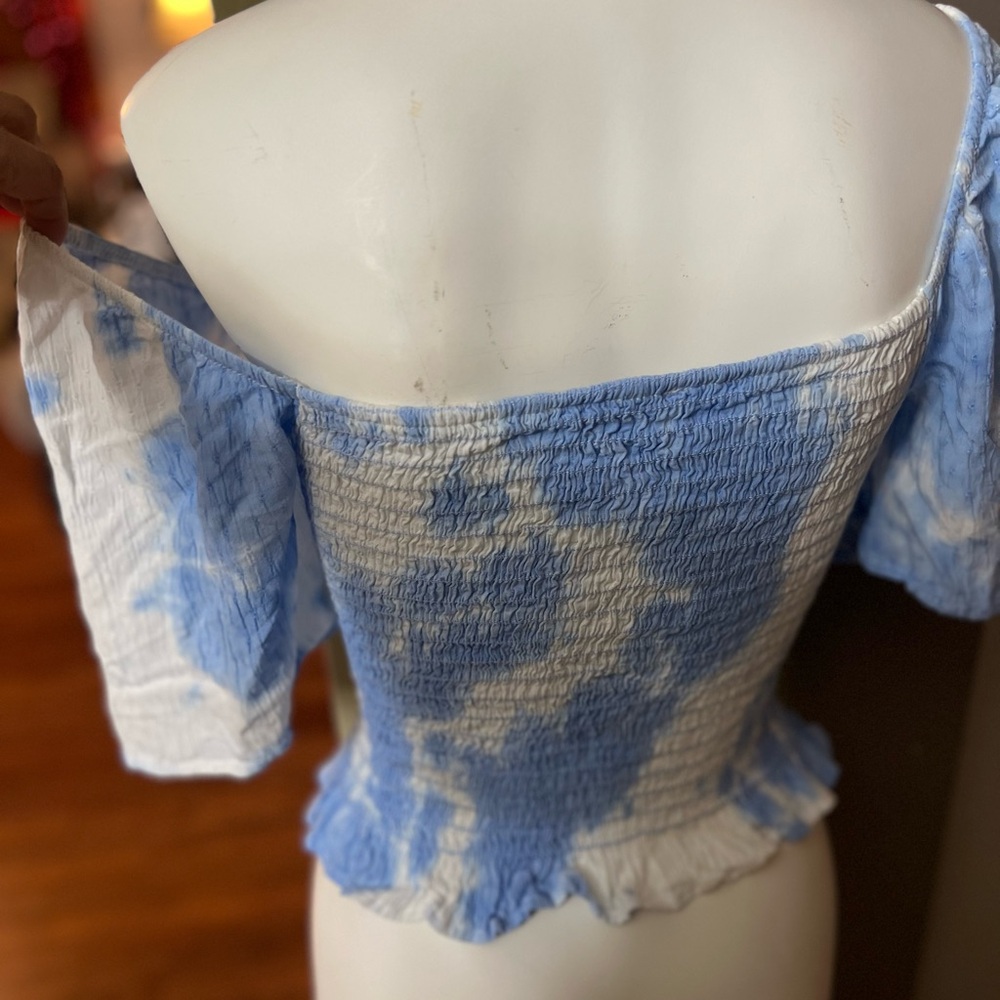 Emory Park NWT tube top top on/off shoulder sleeves blue/white elastic,stretch L - Picture 10 of 16